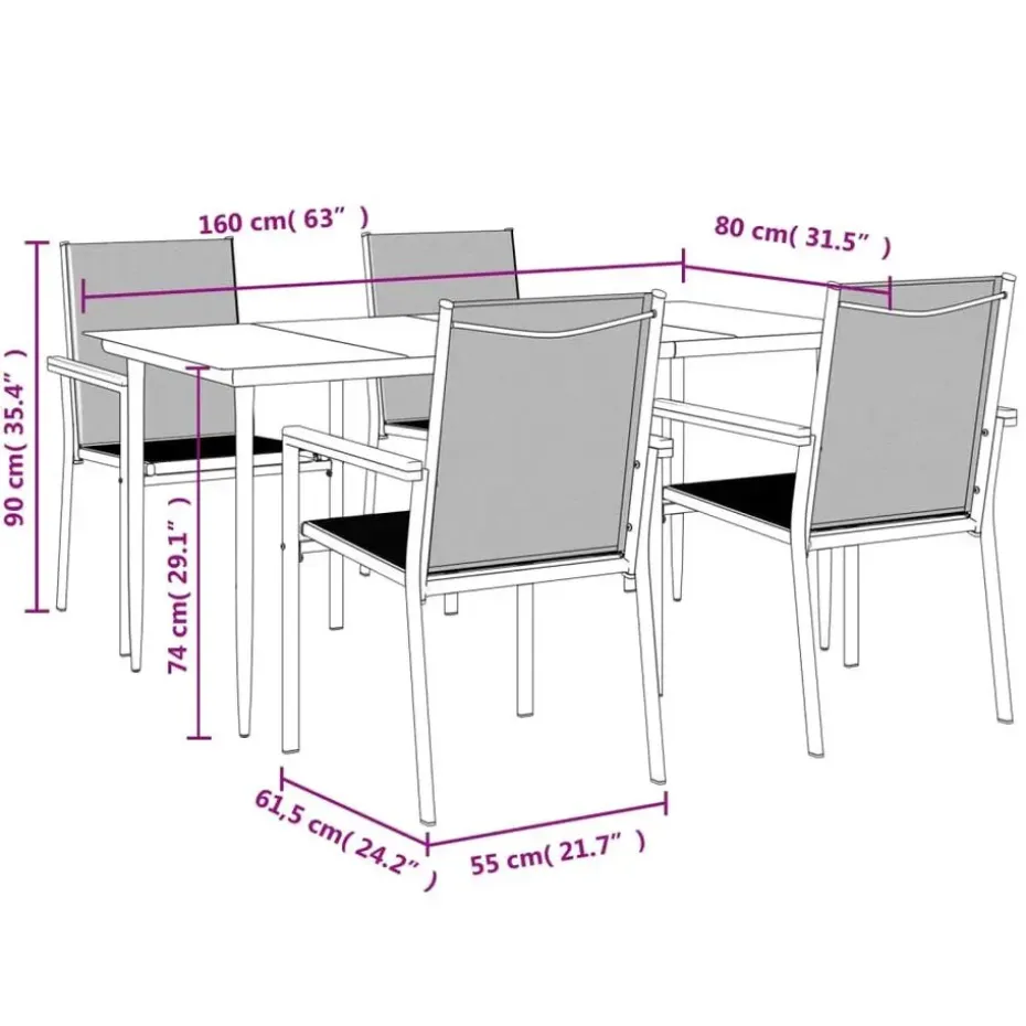vidaXL - 5-delige Tuinset 4 fauteuils - Zwart - Textileen - 160x80 cm