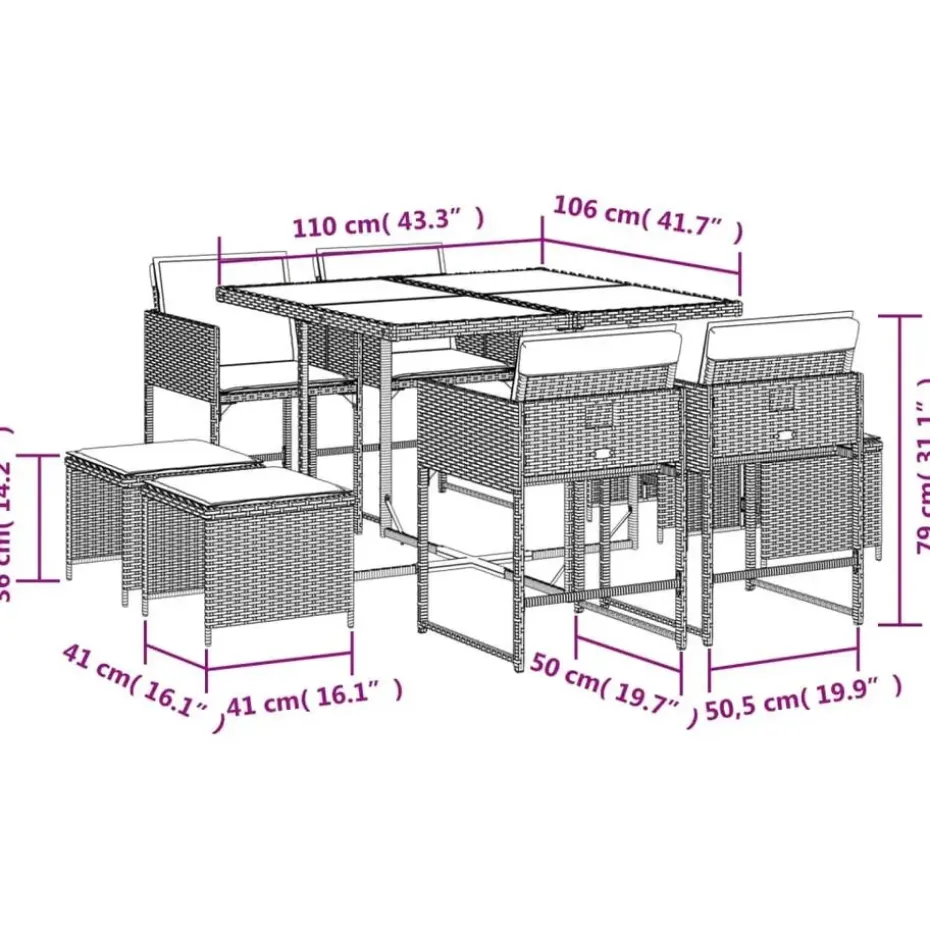 vidaXL - 9-delige Tuinset 4 krukken wit kussens - Zwart - PE rattan - 110x106 cm