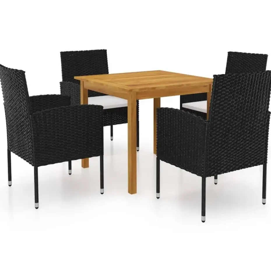 vidaXL - 5-delige Tuinset met wit kussens - Zwart poly rattan - 85x85 cm tafel