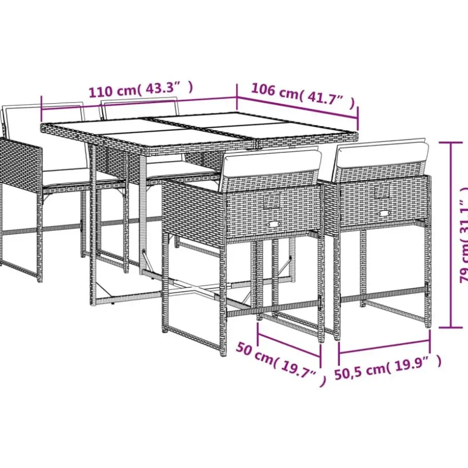 vidaXL - 5-delige Tuinset met kussens - Zwart - PE rattan en glas - 110x106 cm