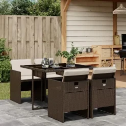 vidaXL - 5-delige Tuinset met wit kussens - Bruin - PE rattan - 110x106 cm