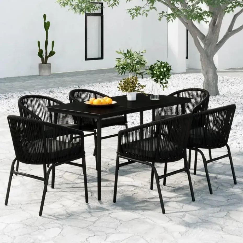 vidaXL - 7-delige Tuinset met kussens - Zwart PVC-rattan en staal - 140x70 cm