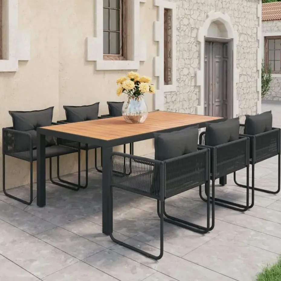 vidaXL - 7-delige Tuinset met kussens - Zwart & bruin - PVC-rattan - 184.5x90 cm