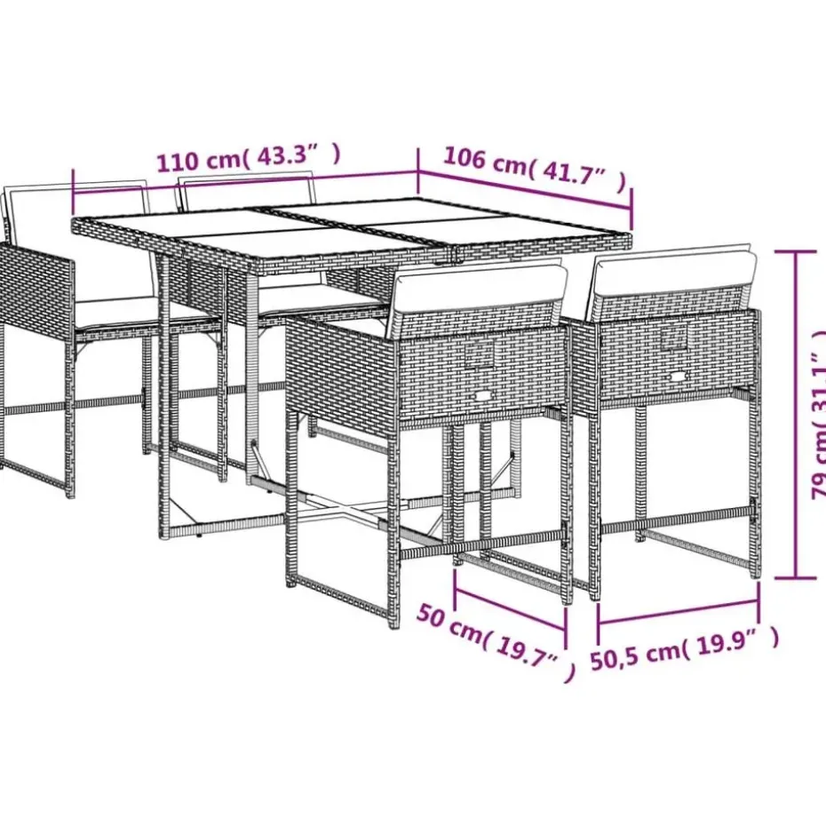 vidaXL - 5-delige Tuinset wit kussens - Zwart - PE rattan en glas - 110x106 cm