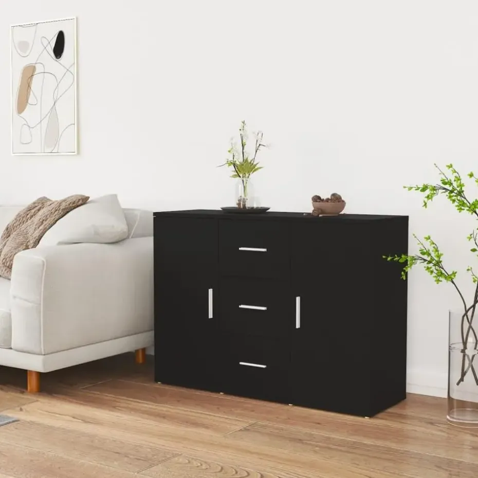 vidaXL - Dressoir met 2 deuren 3 lades - Zwart - Bewerkt hout -91x29.5x65 cm