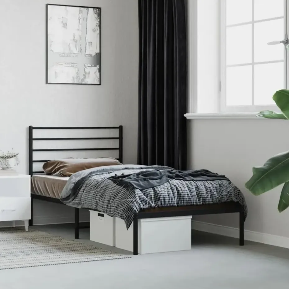 vidaXL - Eenspersoonsbed met hoofdbord - Zwart - Metaal - 80x200 cm