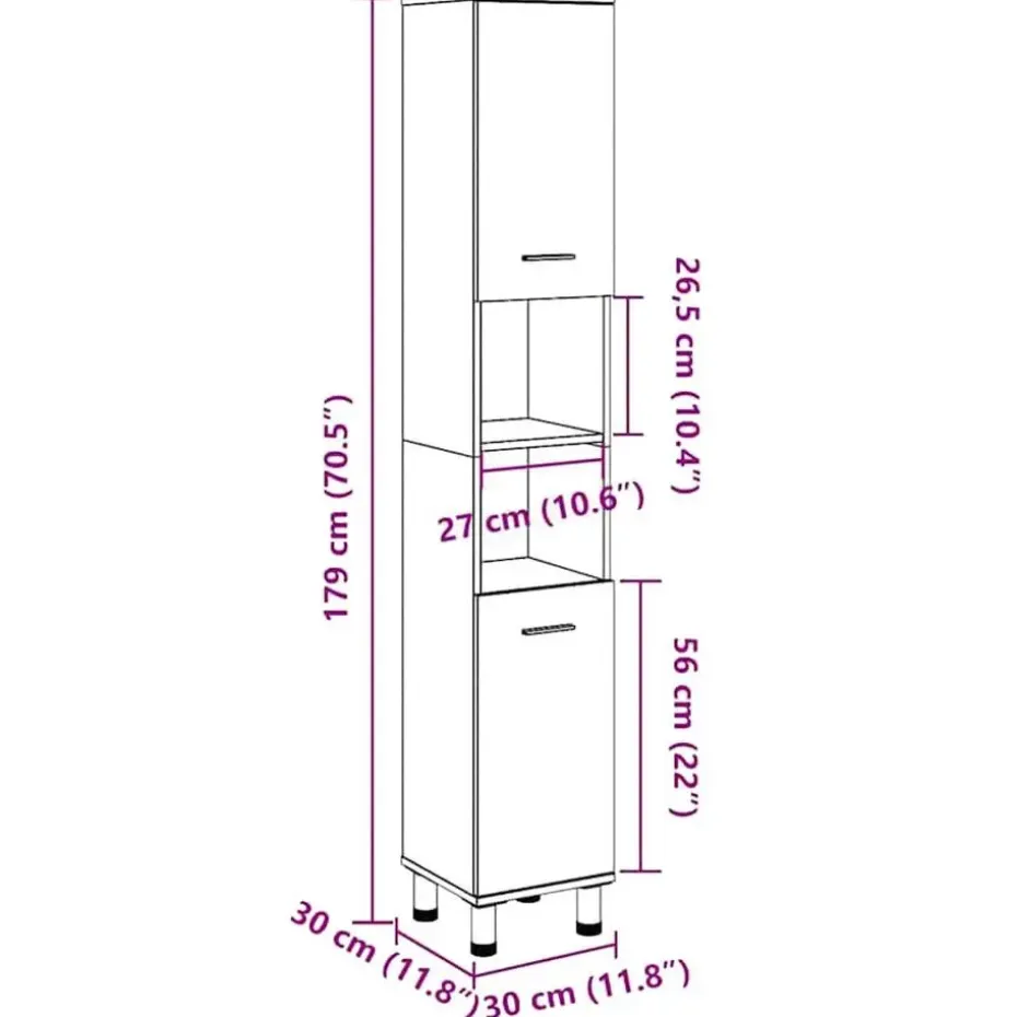 vidaXL - Kolomkast met 2 deuren 2 vakken - Betongrijs spaanplaat - 30x30x190 cm