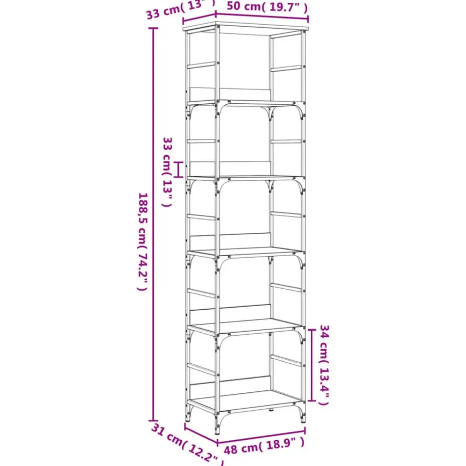 vidaXL - 5-laags Boekenkast - Sonoma eiken - Bewerkt hout - 50x33x188.5 cm