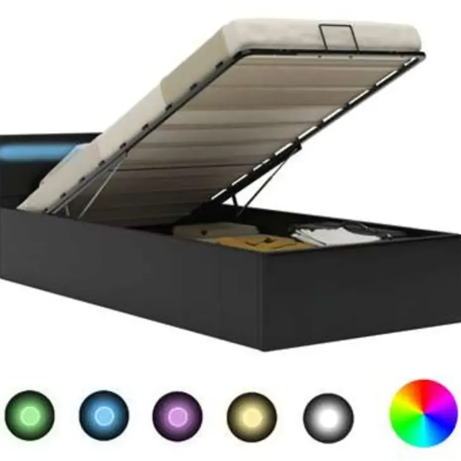 vidaXL - LED bed met opbergruimte - Hydraulisch - Zwart - Kunstleer - 90x200 cm
