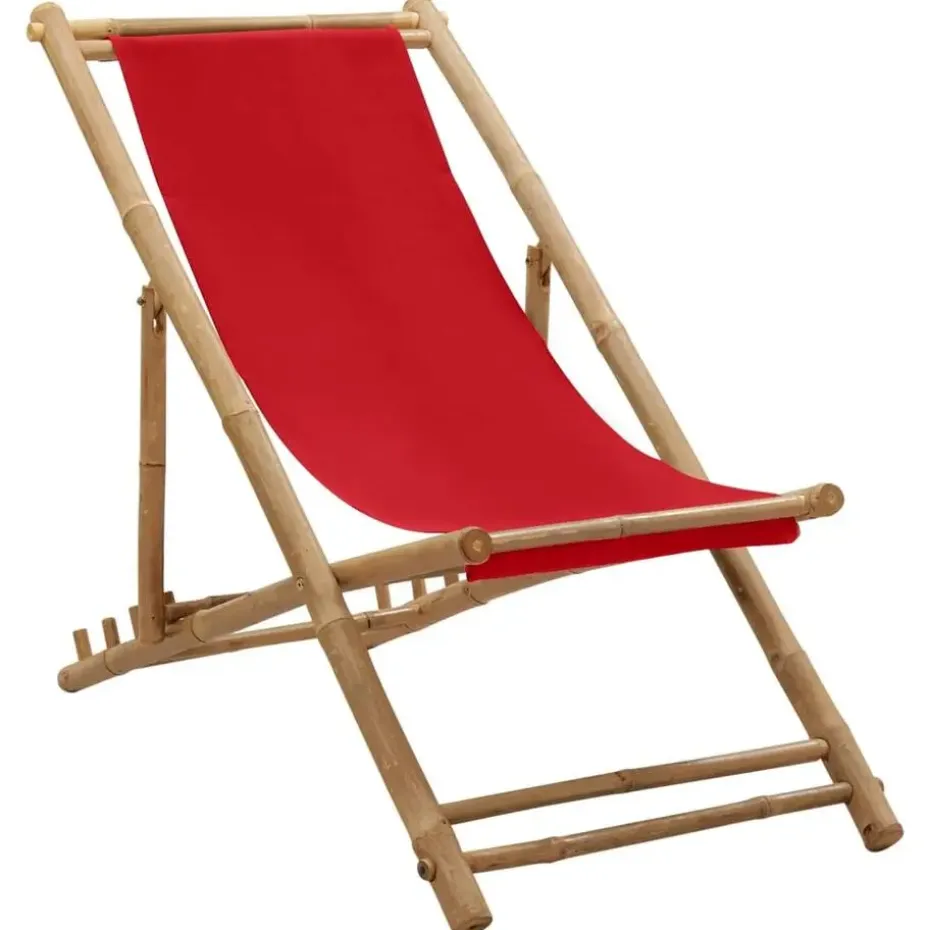 vidaXL - Ligstoel - Rood - Bamboe en canvas