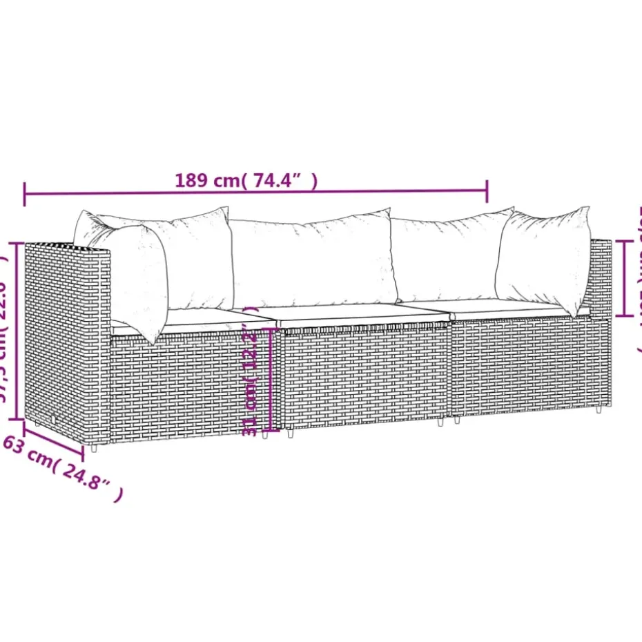 vidaXL - Loungeset - Bruin - Poly rattan - 3 stuks - Met kussens