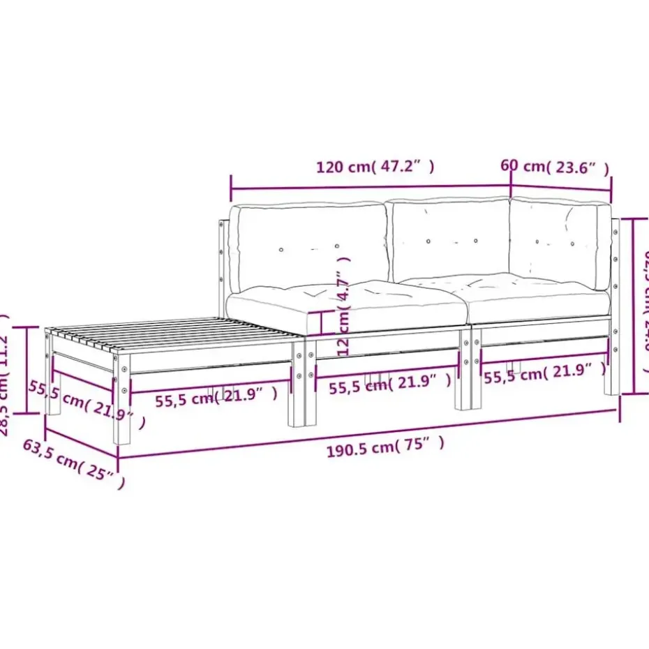 vidaXL - Loungeset - Grijs - Grenenhout - 3 stuks - Met kussens