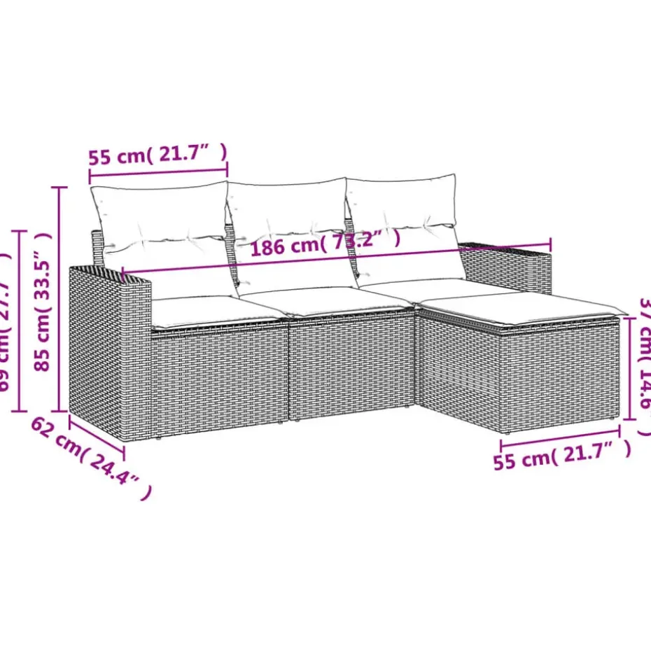 vidaXL - Loungeset - Zwart - Poly rattan - 4 stuks - Met kussens