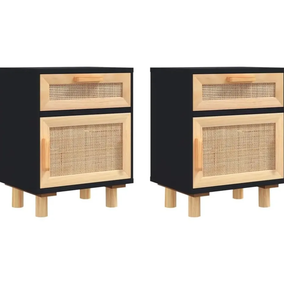 vidaXL - Nachtkastjes - Zwart - Grenenhout en natuurlijk rattan - 2 stuks