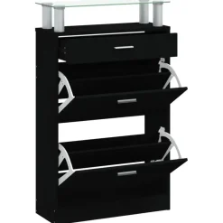 vidaXL - Schoenenkast 4 paar met 3 kleppen en lade - Zwart met glazen bovenblad