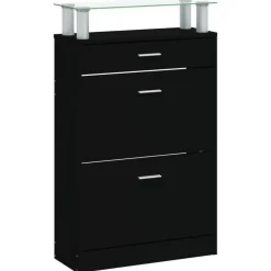 vidaXL - Schoenenkast 4 paar met 3 kleppen en lade - Zwart met glazen bovenblad