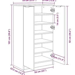 vidaXL - Schoenenkast met 2 deuren - Hoogglans wit - Hout - 59x35x100.5 cm