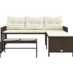 vidaXL - Tuinbank - Bruin - Poly rattan - L-vormig - Met tafel en kussens