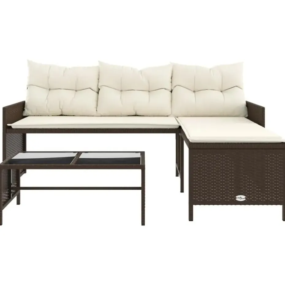 vidaXL - Tuinbank - Bruin - Poly rattan - L-vormig - Met tafel en kussens