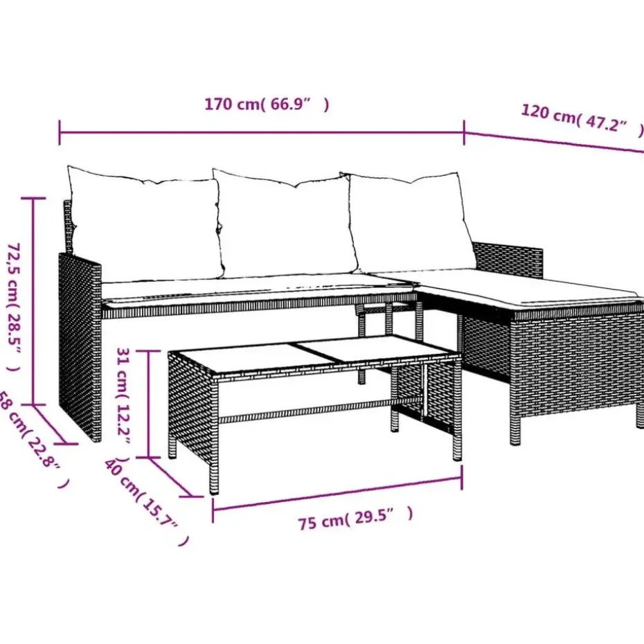vidaXL - Tuinbank - Bruin - Poly rattan - L-vormig - Met tafel en kussens