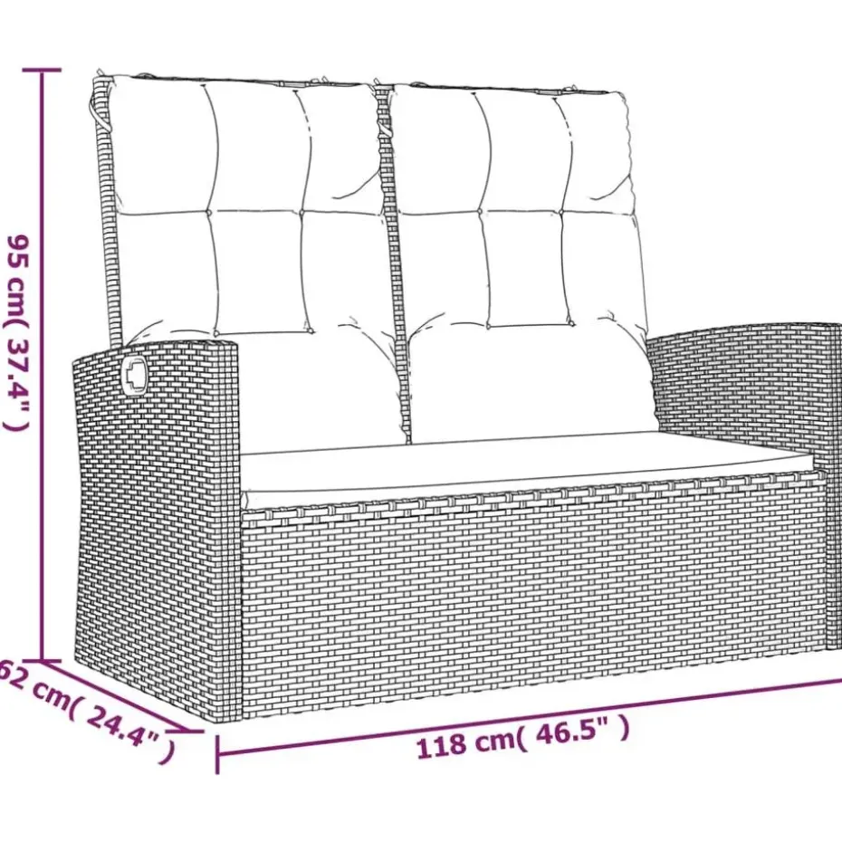 vidaXL - Tuinbank - Zwart - Poly rattan - 118 cm - Verstelbaar - Met kussens