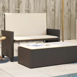 vidaXL - Tuinbank met kussens en voetenbank - Bruin - Poly rattan - 122x55x97 cm