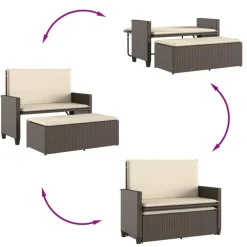 vidaXL - Tuinbank met kussens en voetenbank - Bruin - Poly rattan - 122x55x97 cm
