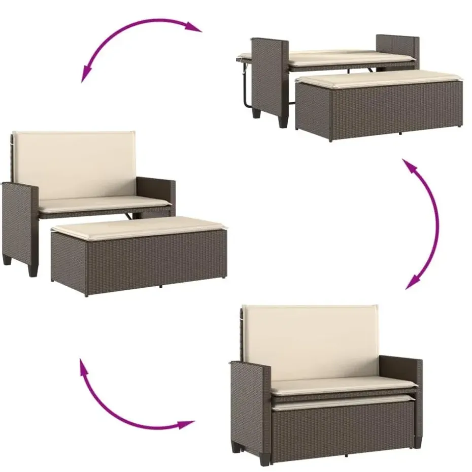 vidaXL - Tuinbank met kussens en voetenbank - Bruin - Poly rattan - 122x55x97 cm