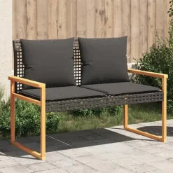 vidaXL - Tuinbank met kussens - Zwart - Poly rattan en acaciahout - 119x61x79 cm