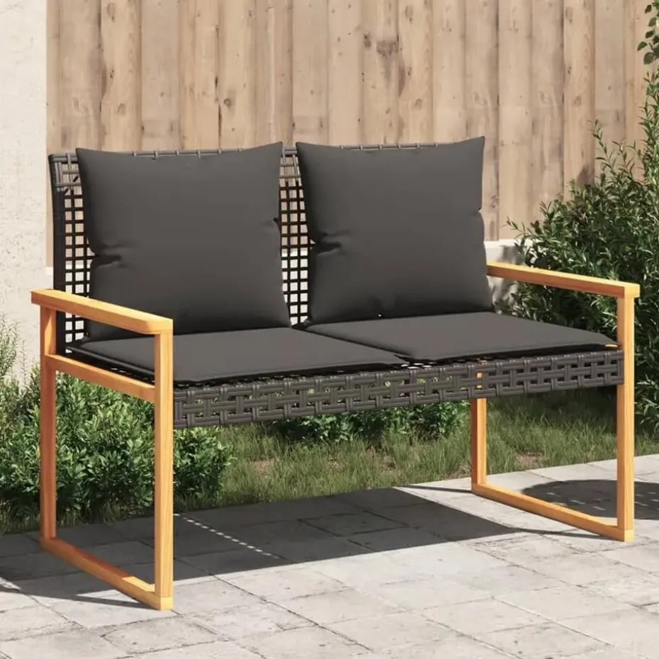 vidaXL - Tuinbank met kussens - Zwart - Poly rattan en acaciahout - 119x61x79 cm