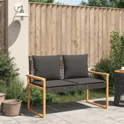 vidaXL - Tuinbank met kussens - Zwart - Poly rattan en acaciahout - 119x61x79 cm