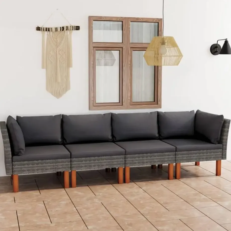 vidaXL - Tuinbank 4-sits - Grijs - Poly rattan -Met kussens