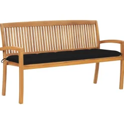 vidaXL - Tuinbank stapelbaar met zwart kussen - Teakhout - 159x57.5x90 cm