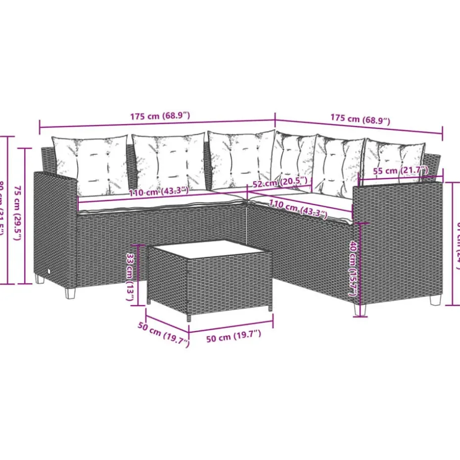 vidaXL - tuinbank voor 5 met kussens grijs poly rattan 3 stuks
