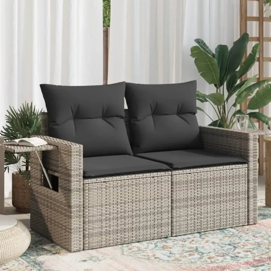 vidaXL - Tuinbank 2-zits - Grijs - Poly rattan - Met kussens