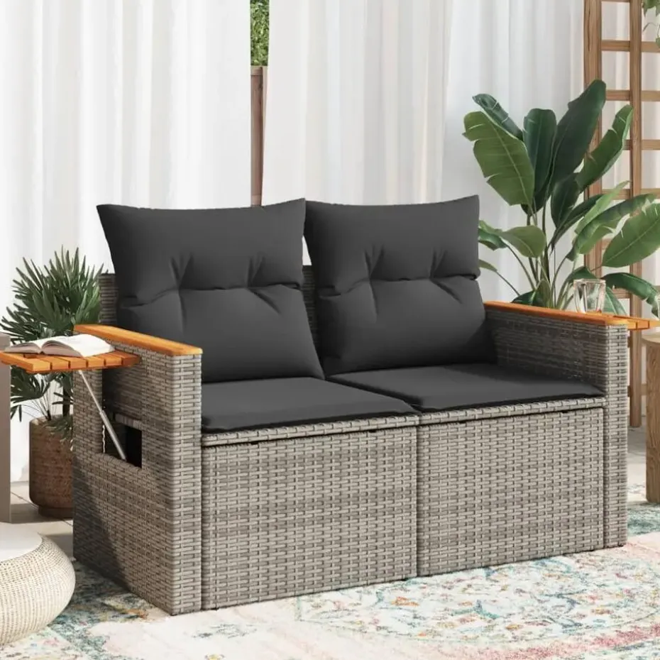 vidaXL - Tuinbank 2-zits - Grijs - Poly rattan - Met kussens