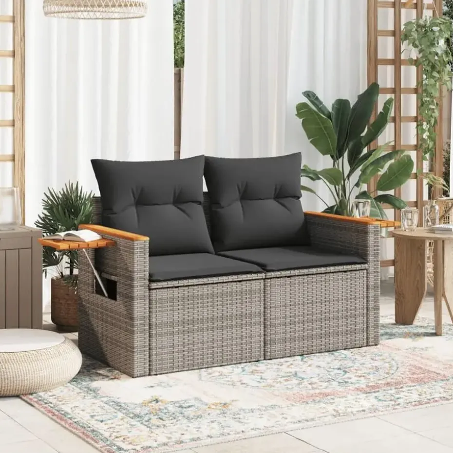 vidaXL - Tuinbank 2-zits - Grijs - Poly rattan - Met kussens