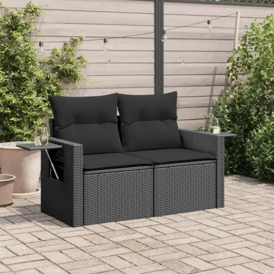 vidaXL - Tuinbank 2-zits - Zwart - Poly rattan - Met kussens