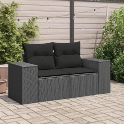 vidaXL - Tuinbank 2-zits - Zwart - Poly rattan - Met kussens