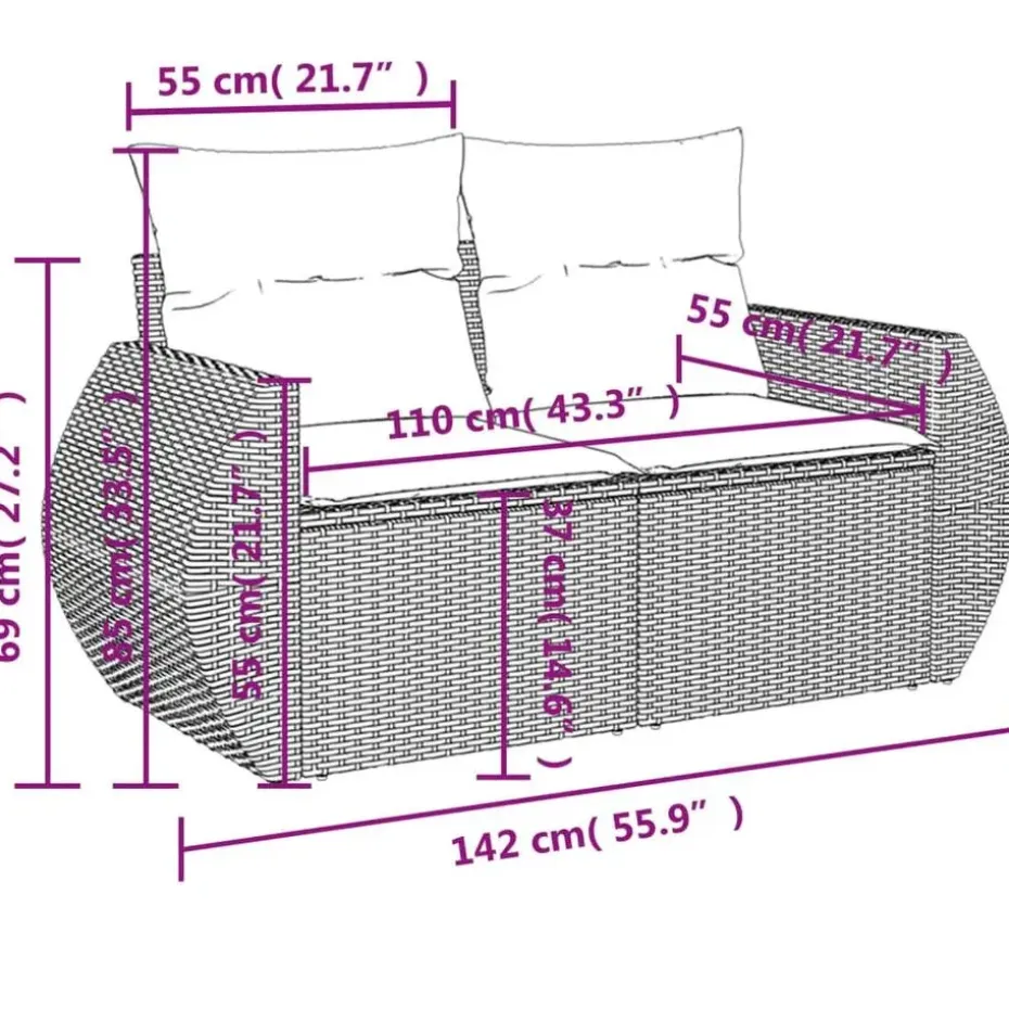 vidaXL - Tuinbank 2-zits - Zwart - Poly rattan - Met kussens