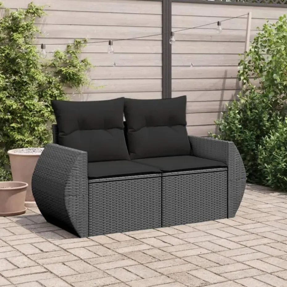 vidaXL - Tuinbank 2-zits - Zwart - Poly rattan - Met kussens