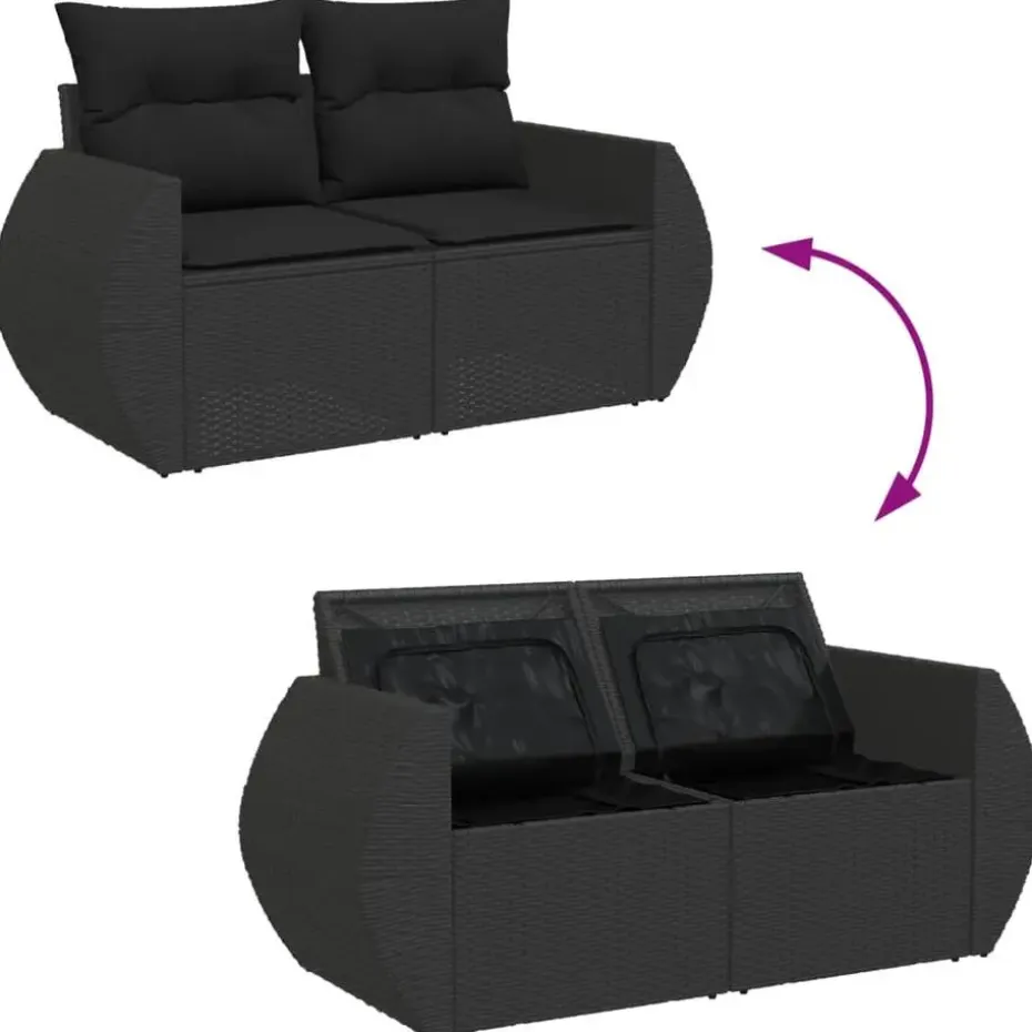 vidaXL - Tuinbank 2-zits - Zwart - Poly rattan - Met kussens