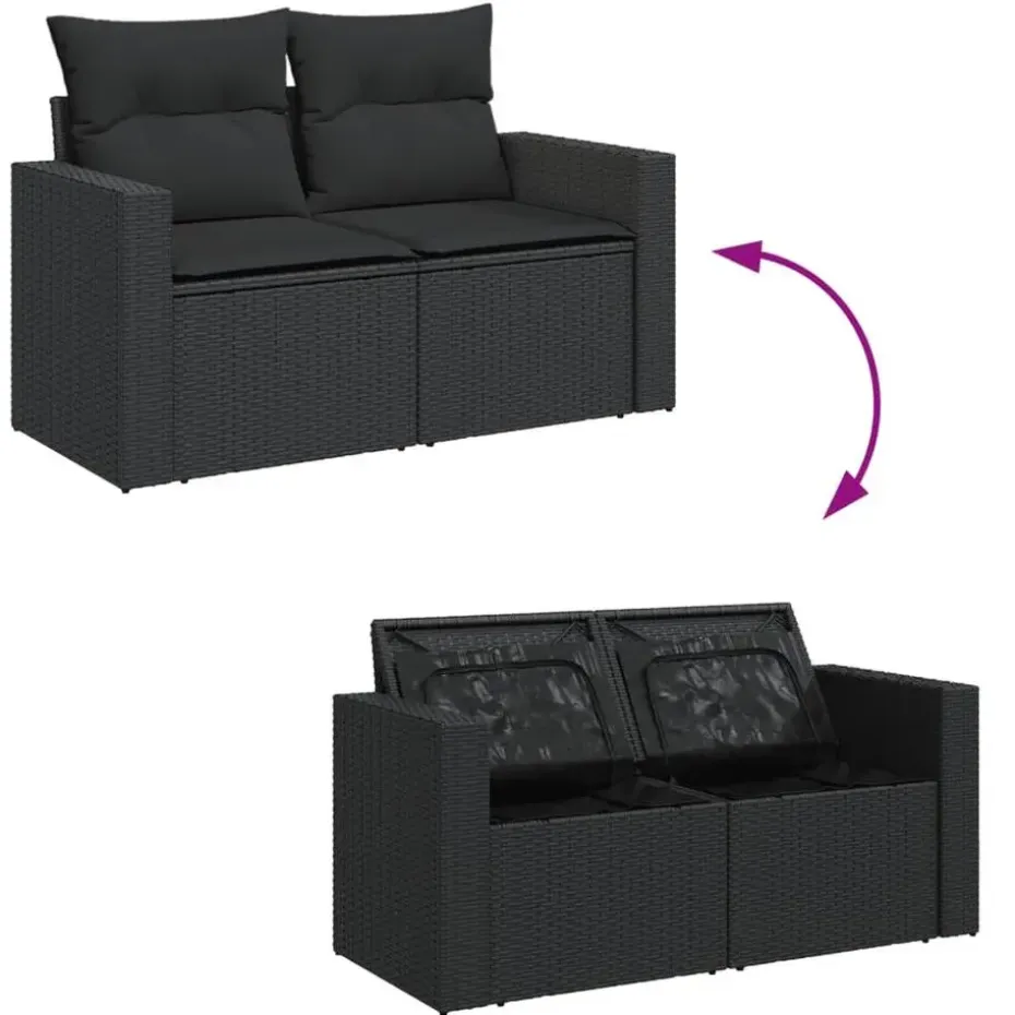 vidaXL - Tuinbank 2-zits - Zwart - Poly rattan - Met kussens