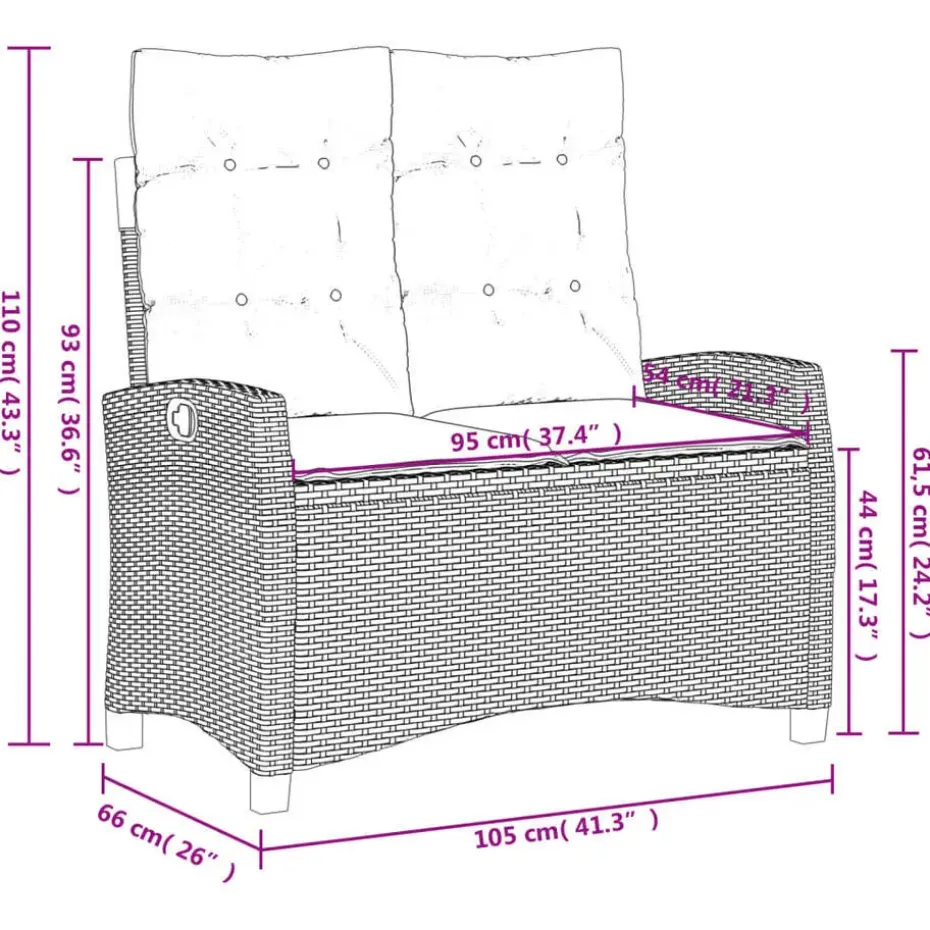 vidaXL - Verstelbare loungebank met crème kussens - Zwart rattan - 105x66x93 cm
