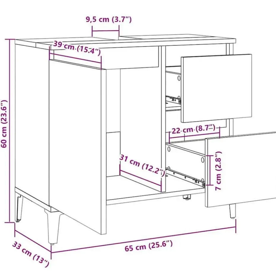 vidaXL - Zwart Wastafelonderkast - 1 deur 2 lades - Hout en metaal - 65x33x60 cm
