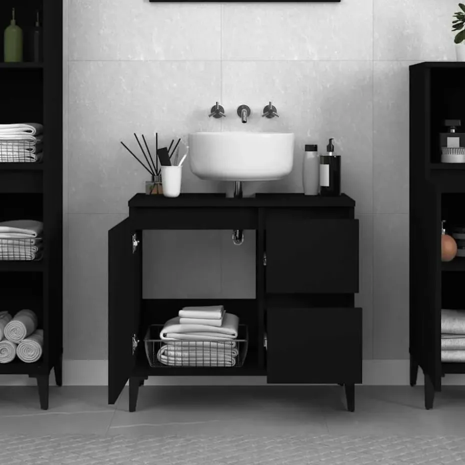vidaXL - Zwart Wastafelonderkast - 1 deur 2 lades - Hout en metaal - 65x33x60 cm