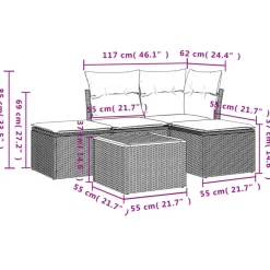 vidaXL 5-delige Loungeset met kussens & salontafel - Grijs - Poly rattan