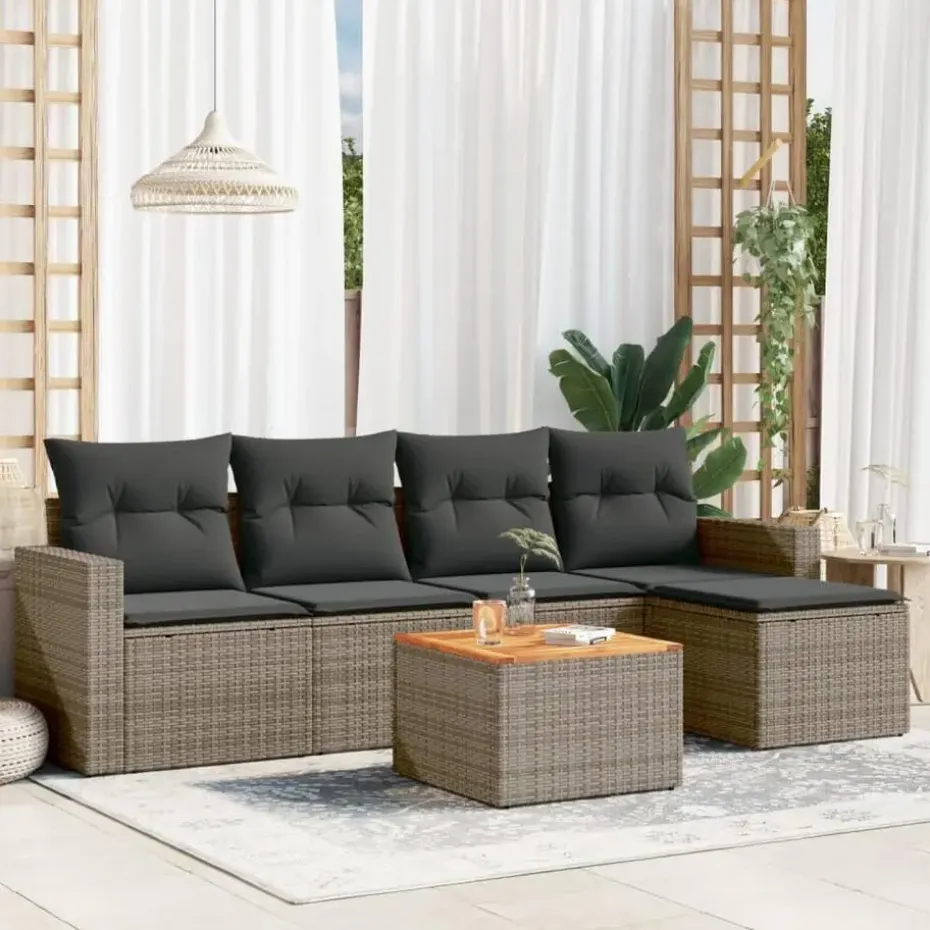 vidaXL 6-delige Loungeset met kussens en salontafel - Grijs - Poly rattan