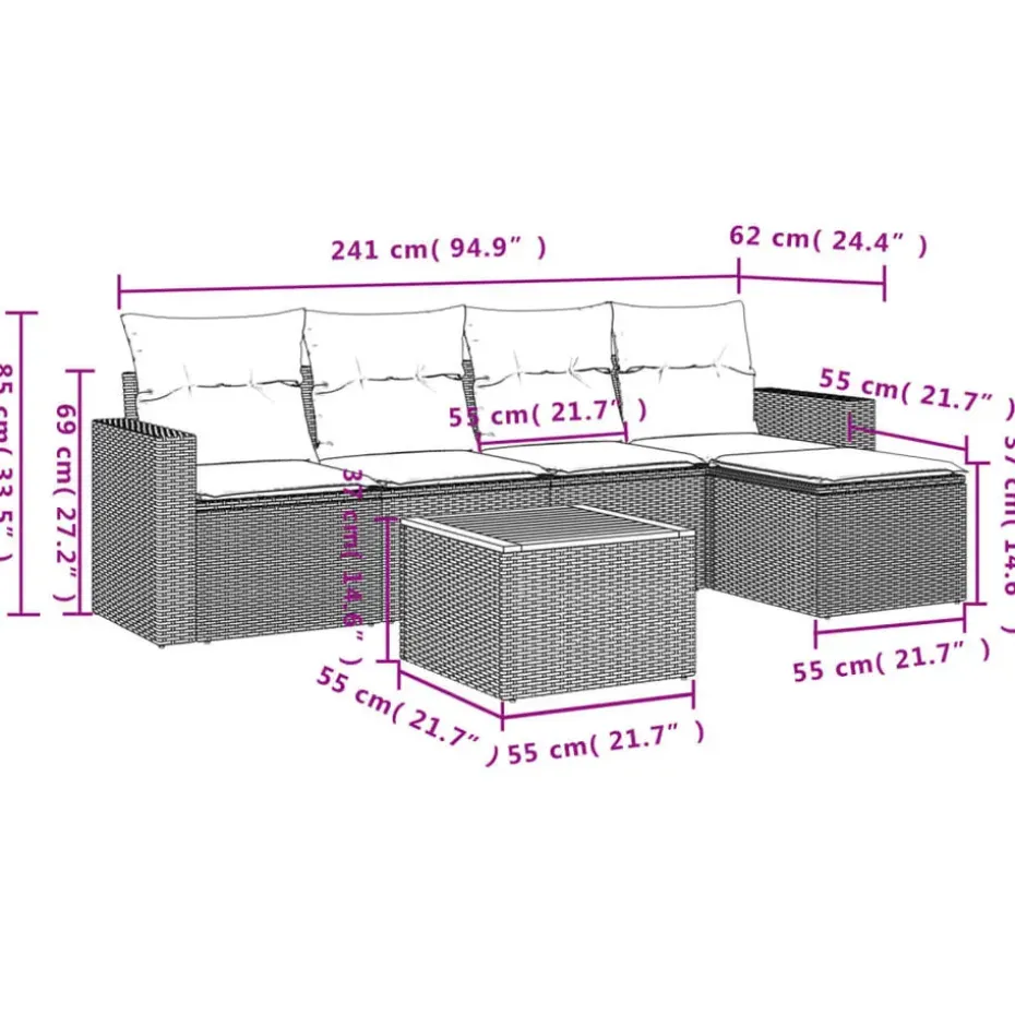 vidaXL 6-delige Loungeset met kussens en salontafel - Grijs - Poly rattan
