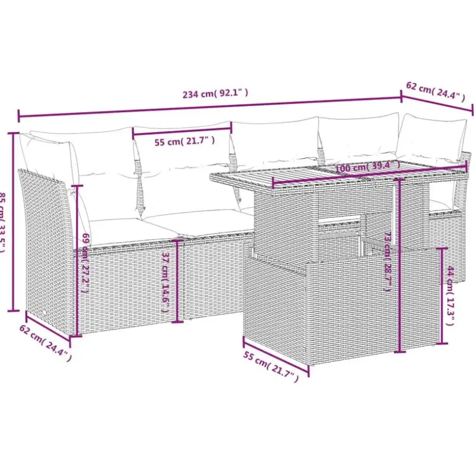 vidaXL 5-delige Loungeset voor 4 met kussens en verstelbaar hout salontafel